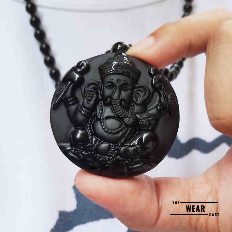 natural black obsidian ganesha pendant