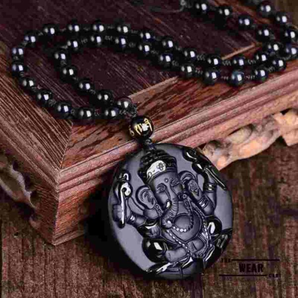 natural black obsidian ganesha pendant