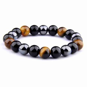 Natural Genuine Hematite Black Obsidian Tiger Eye Stone Triple Protection Bracelet